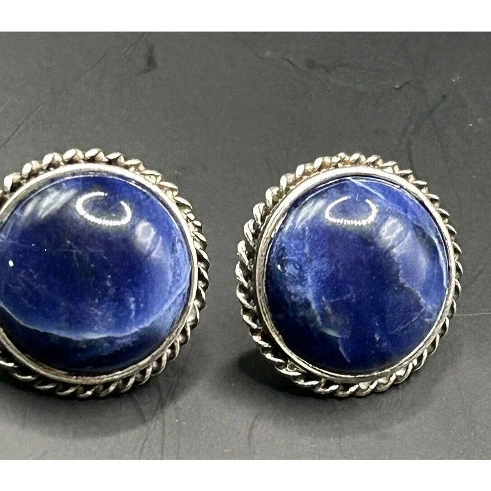 Vintage Mexican Sterling Silver‎ Lapis Lazuli Button Statement Earrings 5.58 g